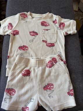 Children's Cream Thermal Set with Red Fire Truck Print